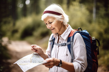 cropped shot of a senior woman looking at a map while out for a hikeの素材