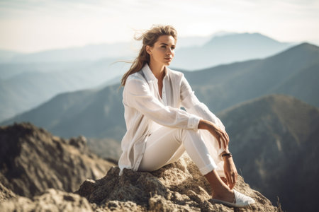 shot of a confident young woman sitting on top of a mountainの素材