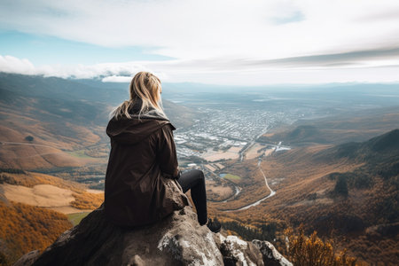 shot of a young woman taking in the view from atop a mountainの素材