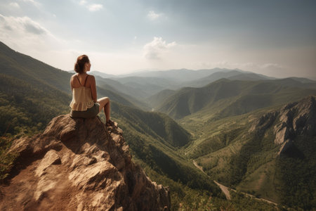 shot of a young woman taking in the view from atop a mountainの素材