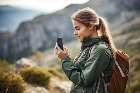 shot of a young woman using her mobile phone while on a hikeの素材