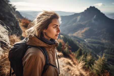 shot of a young woman hiking up the mountainの素材