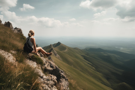 shot of a woman sitting on top of a mountain with her friend in the distanceの素材