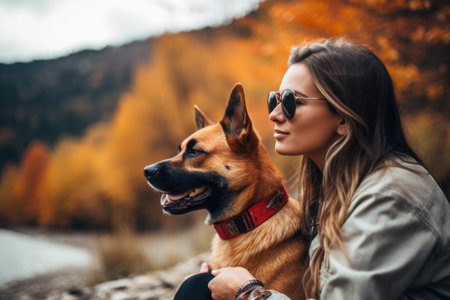 shot of a woman enjoying nature with her dogの素材