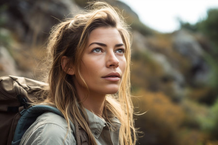 portrait of an attractive young woman hiking on a mountain trailの素材