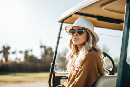 shot of a young woman with a golf cartの素材