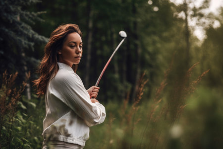 shot of a woman using her golf club to hit the ballの素材