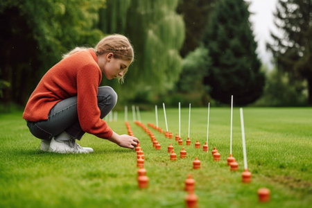 shot of a young woman using golf tees to line up her next shotの素材