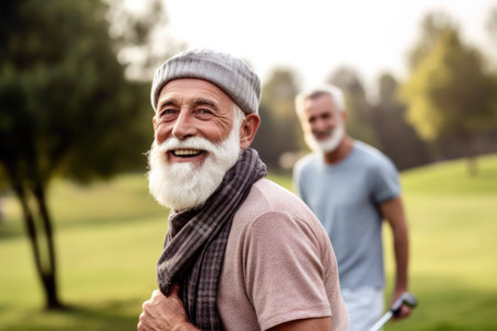 portrait of a man golfing with his friend on the backgroundの素材