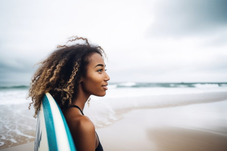 shot of a young woman getting ready to surf at the beachの素材