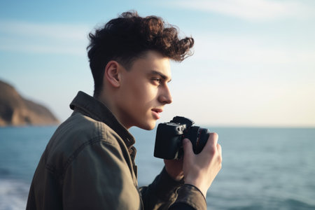 shot of a young man taking photos on his digital camera with the sea in the backgroundの素材