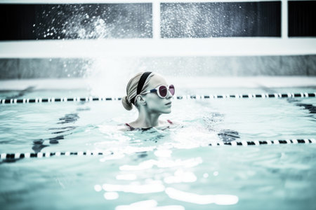 shot of a young woman listening to music while swimmingの素材