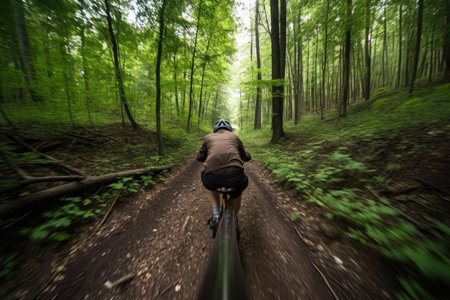 rearview shot of a young man mountain biking along a forest trailの素材