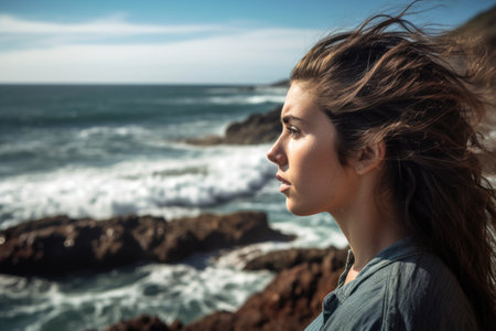 shot of a young woman looking out at the oceanの素材