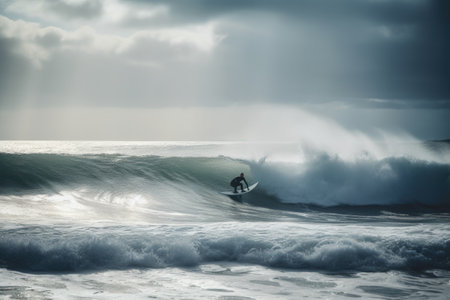 shot of a man surfing off the coastの素材