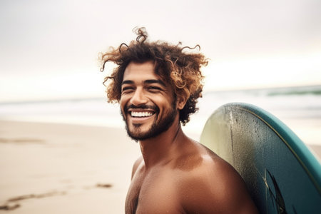 shot of a happy young man about to go surfing at the beachの素材