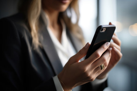 closeup shot of an unrecognisable businesswoman using a cellphone in an officeの素材