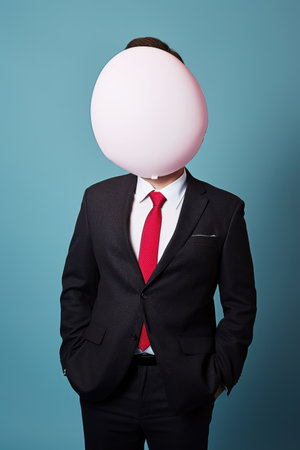 studio shot of a businessman with no face holding a blank speech bubbleの素材