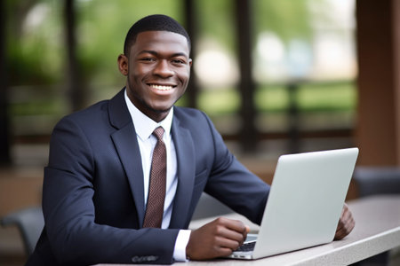 a handsome african american businessman smiling while working on his laptopの素材