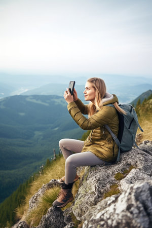 shot of a young woman using her smartphone to take pictures on top of a mountainの素材