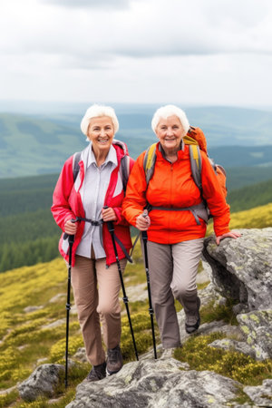 portrait of a senior woman hiking in the mountains with her friendの素材