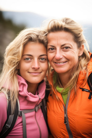 portrait of a young woman hiking with her mother on a mountainの素材