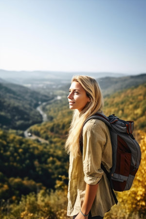 shot of an attractive young woman admiring the view while hikingの素材