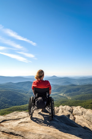 shot of a young wheelchair bound woman taking in the view from the top of a mountainの素材