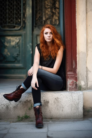 portrait of a young woman with legs crossed standing outdoorsの素材