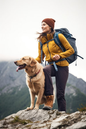 shot of an attractive woman hiking in the mountains with her dogの素材