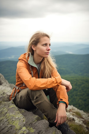 portrait of a young woman sitting down and looking at the view from a mountain topの素材