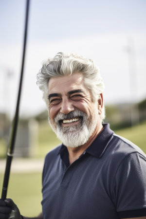 portrait of a happy man using his golf club at the driving rangeの素材