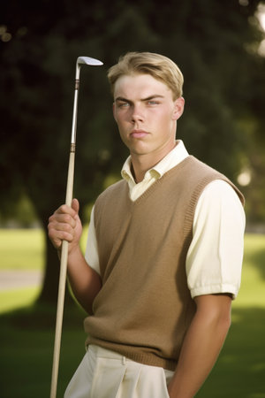 portrait of a young man in golfing attire ready to tee offの素材