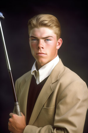 portrait of a young man in golfing attire ready to tee offの素材