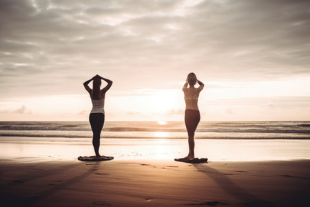 shot of a young woman and her instructor doing yoga together on the beachの素材
