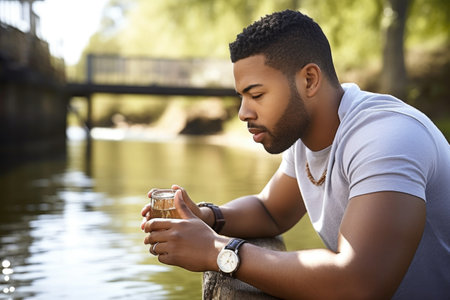 shot of a man checking his watch while drinking water while on vacationの素材