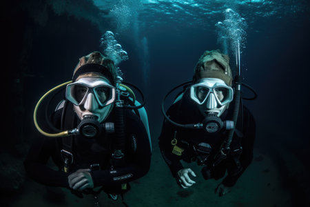 portrait of two scuba divers underwater doing a side by side diveの素材
