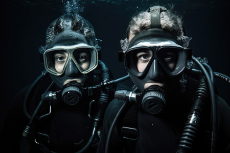 portrait of two scuba divers underwater doing a side by side diveの素材