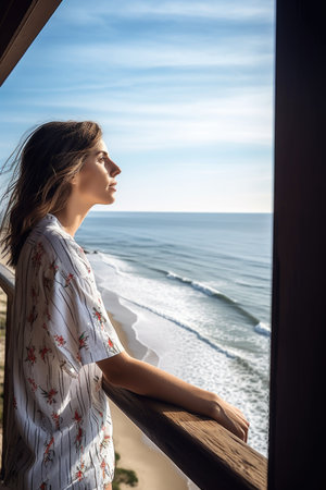 shot of a young woman looking out to the ocean while on vacationの素材