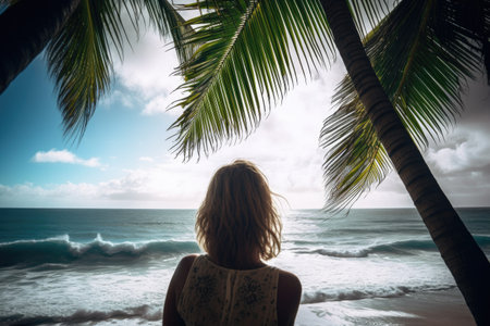 shot of a woman looking at the ocean between two palm treesの素材