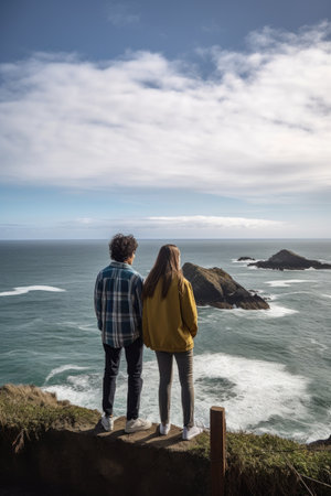 shot of two young people checking out the view by an oceanの素材