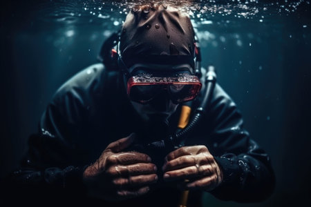 scuba diving, bokeh and man in dark water for adventure, challenge or explore the oceanの素材