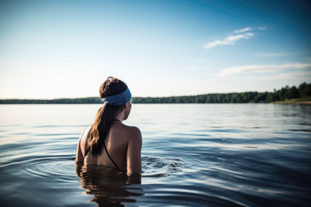 shot of a young woman about to go for a swimの素材
