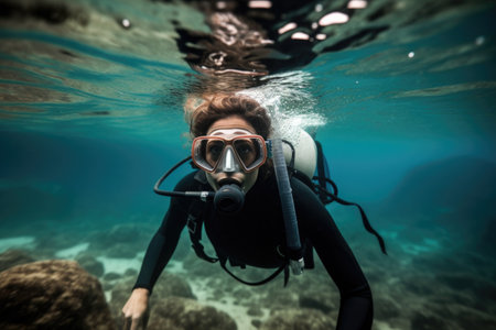 shot of a young woman scuba diving at the beachの素材