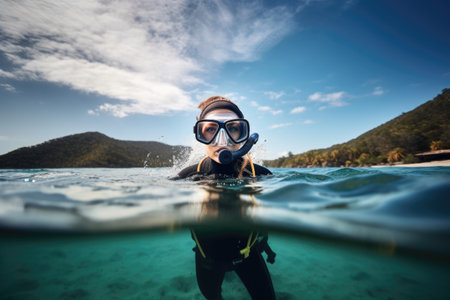 shot of a young woman scuba diving at the beachの素材