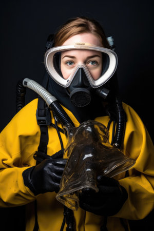 portrait of a young woman wearing scuba gear and holding her maskの素材