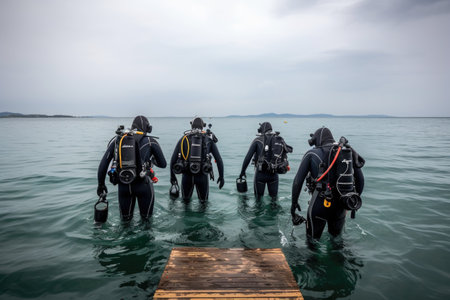 shot of a group of divers about to enter the water for a diveの素材