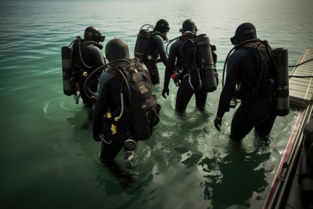 shot of a group of divers about to enter the water for a diveの素材