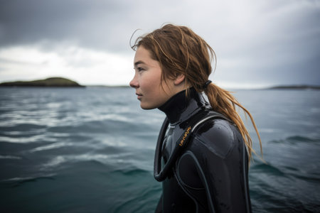 shot of a young woman donning her wetsuit before an ocean diveの素材
