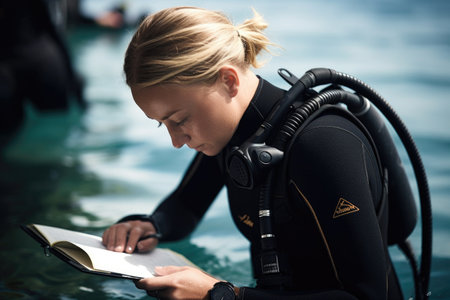 shot of a young woman going through her pre dive checklistの素材